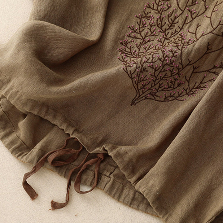 Buddha Stones Casual Haft Drzewo Ściągacz Damski Okrągły Dekolt Projekt Pół Rękaw Bawełna Len T-shirt