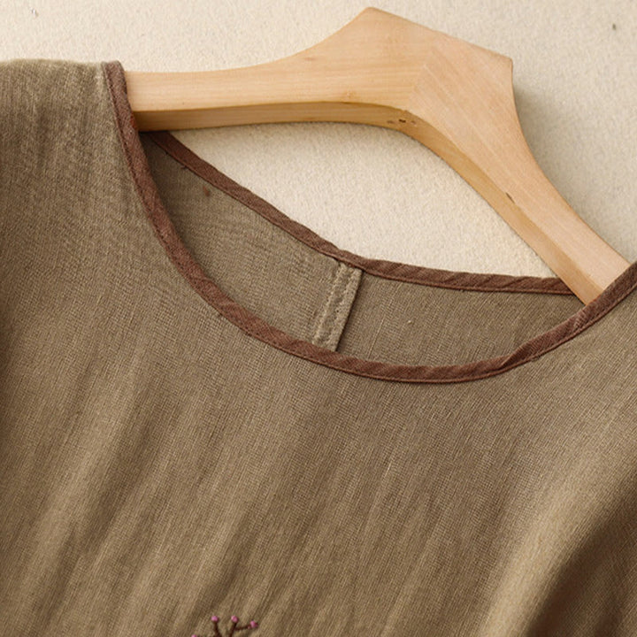 Buddha Stones Casual Haft Drzewo Ściągacz Damski Okrągły Dekolt Projekt Pół Rękaw Bawełna Len T-shirt