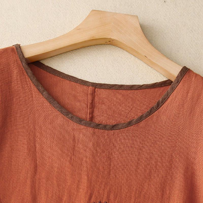 Buddha Stones Casual Haft Drzewo Ściągacz Damski Okrągły Dekolt Projekt Pół Rękaw Bawełna Len T-shirt