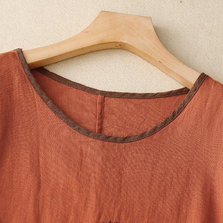 Buddha Stones Casual Haft Drzewo Ściągacz Damski Okrągły Dekolt Projekt Pół Rękaw Bawełna Len T-shirt