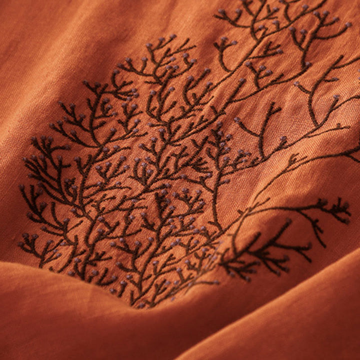 Buddha Stones Casual Haft Drzewo Ściągacz Damski Okrągły Dekolt Projekt Pół Rękaw Bawełna Len T-shirt