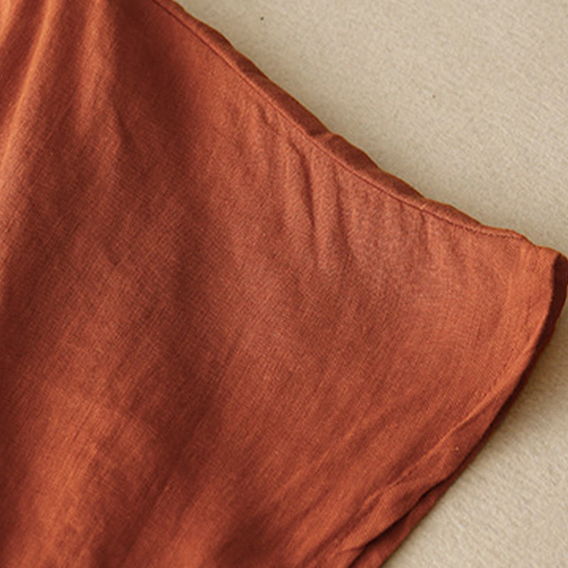 Buddha Stones Casual Haft Drzewo Ściągacz Damski Okrągły Dekolt Projekt Pół Rękaw Bawełna Len T-shirt