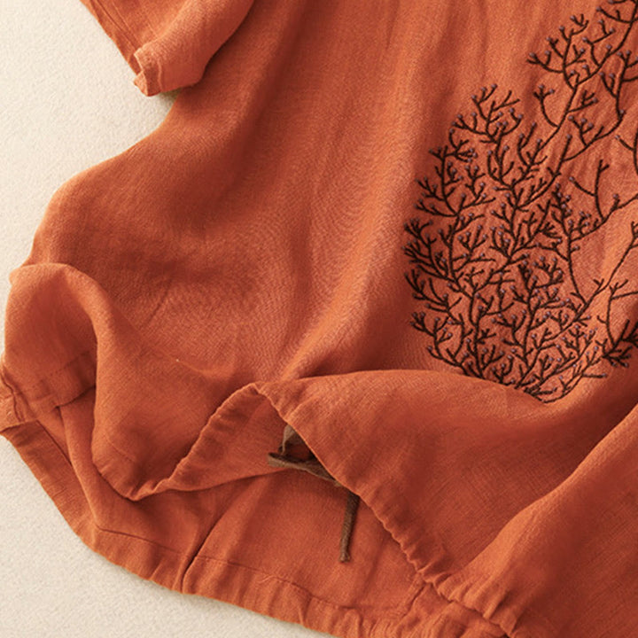 Buddha Stones Casual Haft Drzewo Ściągacz Damski Okrągły Dekolt Projekt Pół Rękaw Bawełna Len T-shirt