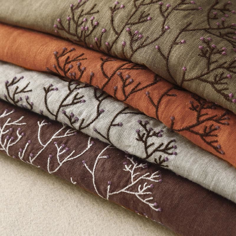 Buddha Stones Casual Haft Drzewo Ściągacz Damski Okrągły Dekolt Projekt Pół Rękaw Bawełna Len T-shirt