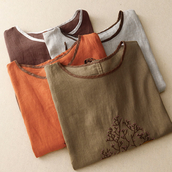 Buddha Stones Casual Haft Drzewo Ściągacz Damski Okrągły Dekolt Projekt Pół Rękaw Bawełna Len T-shirt