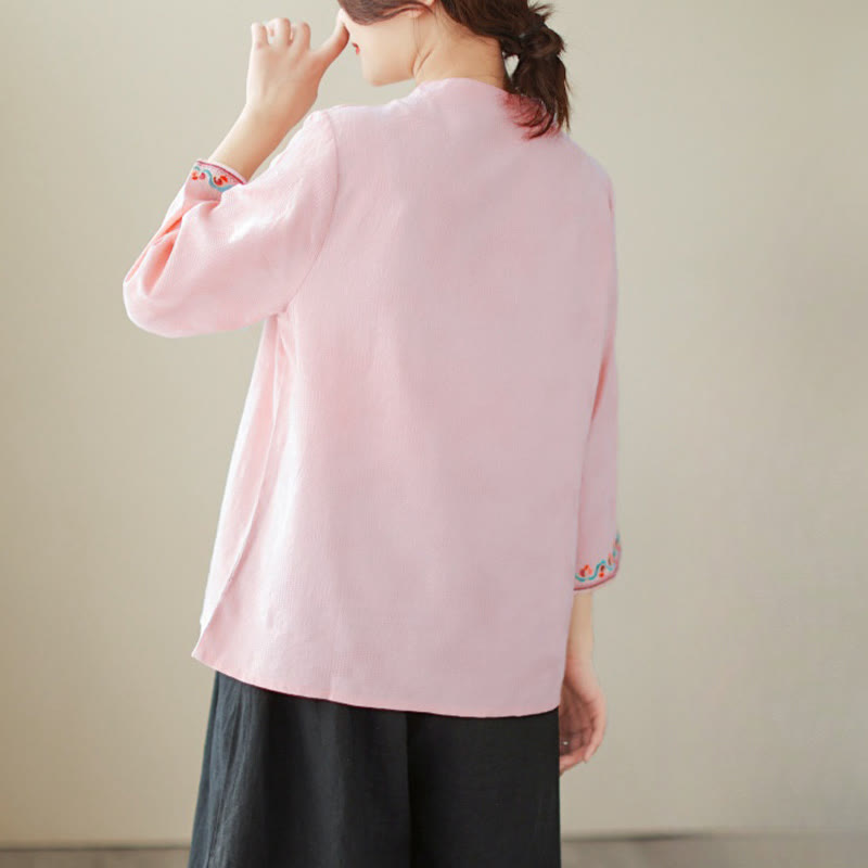 Koszula damska z okrągłym dekoltem i żakardowym nadrukiem Buddha Stones z trzema czwartymi rękawami z bawełny i lnu - image 29