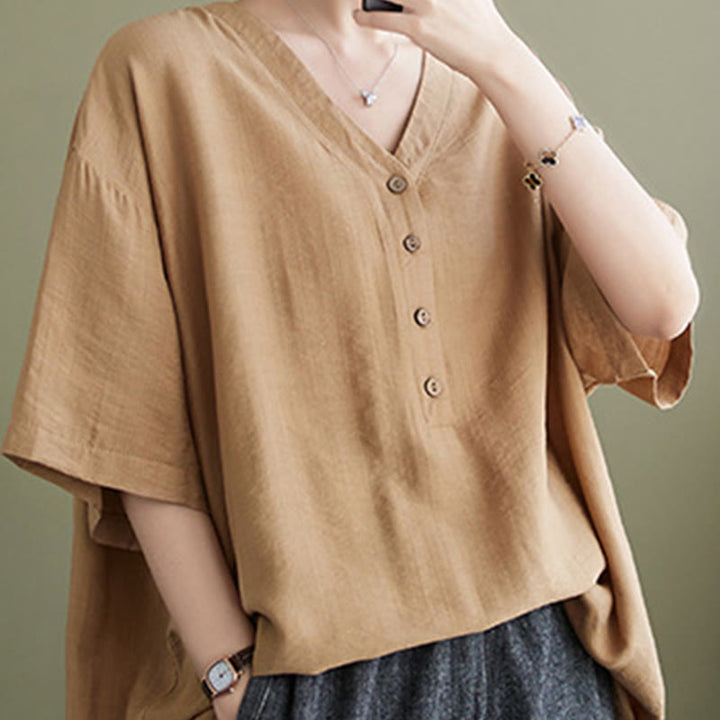 Koszula damska z wiskozy z dekoltem w serek i krótkim rękawem Buddha Stones Casual Plain