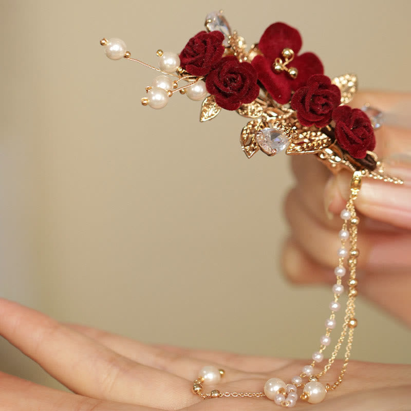 Buddha Stones Retro Chiński Styl Czerwony Kwiat Kamelii Tassel Boczna Spinka Do Włosów