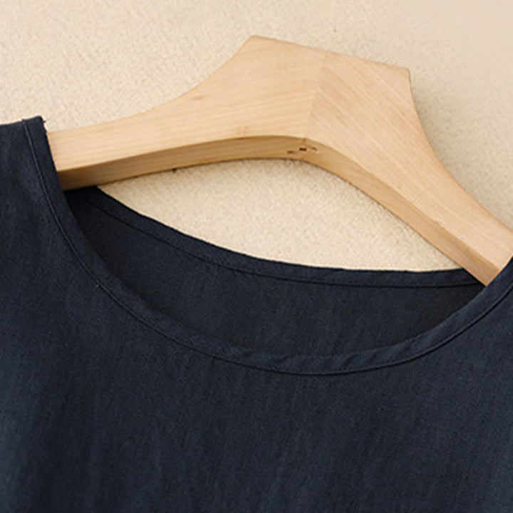 Sukienka midi Buddha Stones z okrągłym dekoltem, sznurowaniem, krótkim rękawem, bawełną i lnem, z kieszeniami - image 3