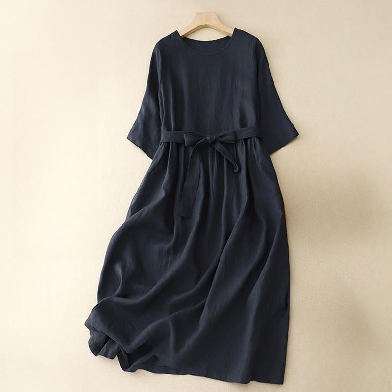 Sukienka midi Buddha Stones z okrągłym dekoltem, sznurowaniem, krótkim rękawem, bawełną i lnem, z kieszeniami - image 1