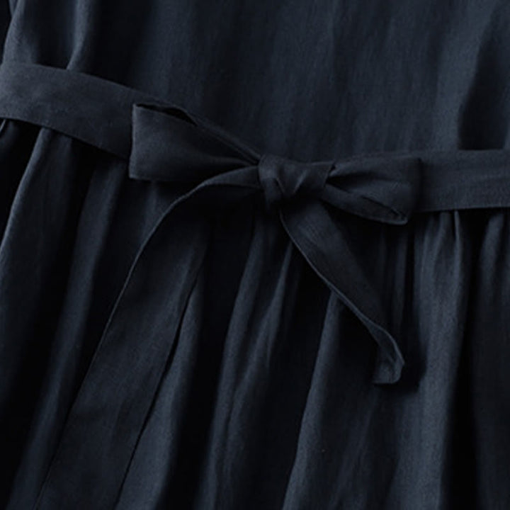 Sukienka midi Buddha Stones z okrągłym dekoltem, sznurowaniem, krótkim rękawem, bawełną i lnem, z kieszeniami - image 6