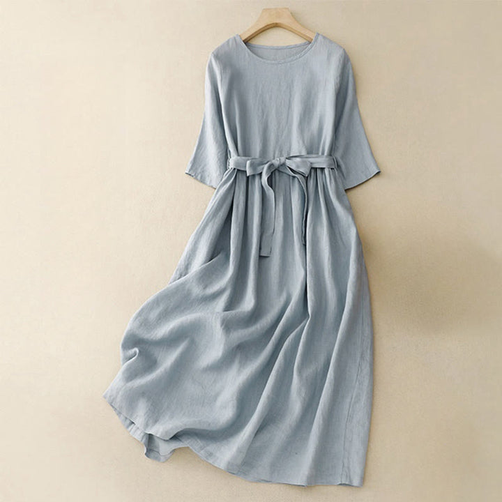 Sukienka midi Buddha Stones z okrągłym dekoltem, sznurowaniem, krótkim rękawem, bawełną i lnem, z kieszeniami - SkyBlue - US8-10，UK/AU12-14，EU40-42 (2XL) - image 7