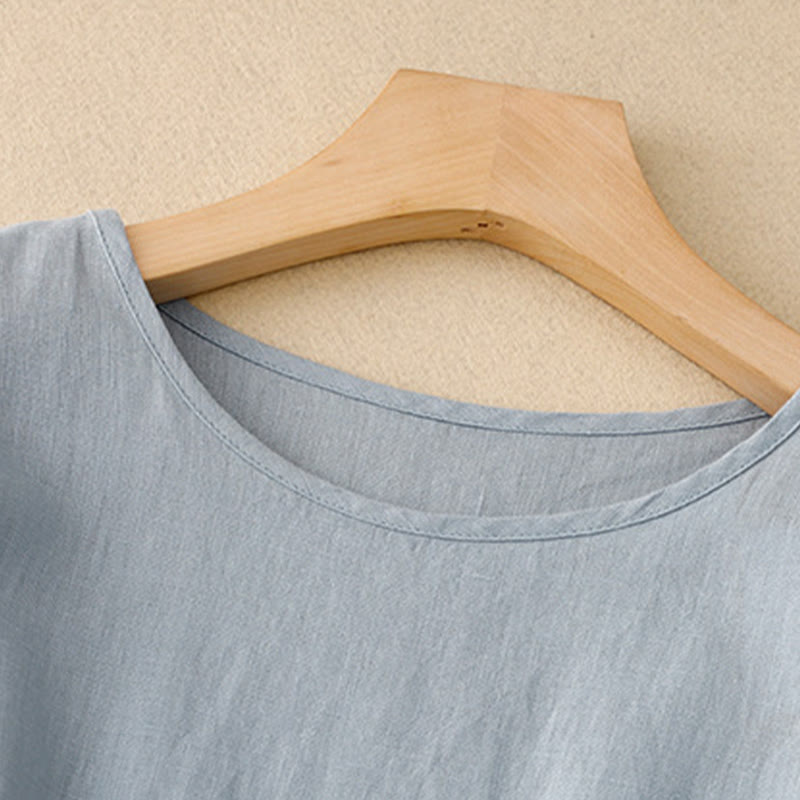 Sukienka midi Buddha Stones z okrągłym dekoltem, sznurowaniem, krótkim rękawem, bawełną i lnem, z kieszeniami - image 9