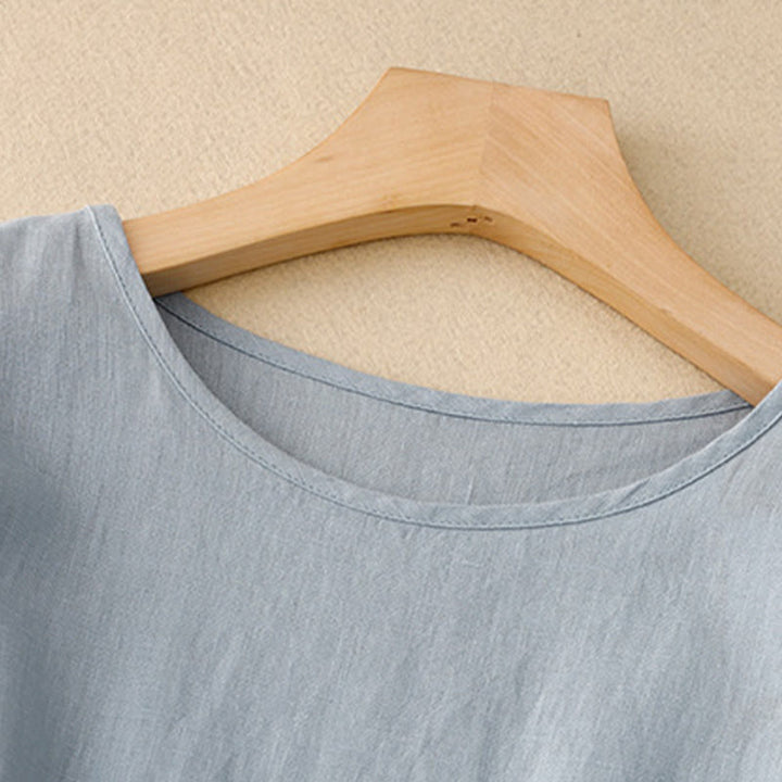 Sukienka midi Buddha Stones z okrągłym dekoltem, sznurowaniem, krótkim rękawem, bawełną i lnem, z kieszeniami - image 9