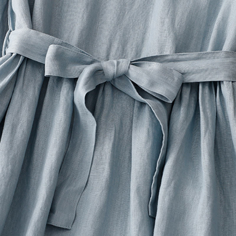 Sukienka midi Buddha Stones z okrągłym dekoltem, sznurowaniem, krótkim rękawem, bawełną i lnem, z kieszeniami - image 10