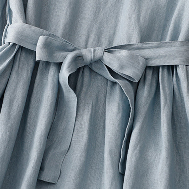 Sukienka midi Buddha Stones z okrągłym dekoltem, sznurowaniem, krótkim rękawem, bawełną i lnem, z kieszeniami - image 10