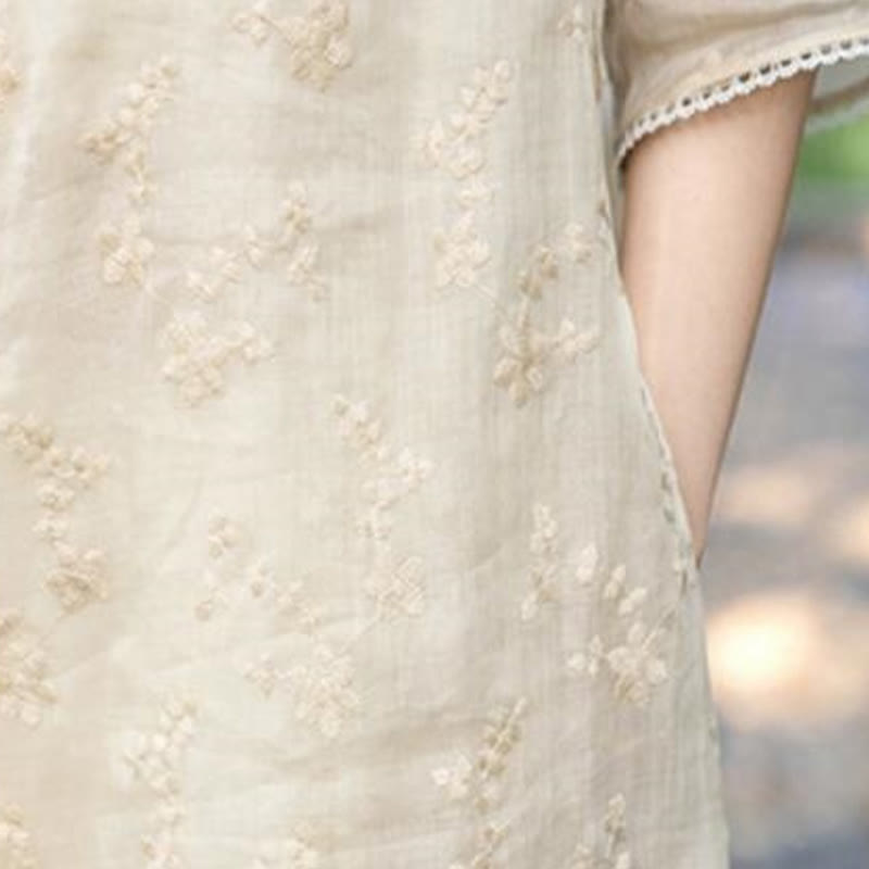 Sukienka midi z ramiączkami Buddha Stones z haftem, skośnym kołnierzem i stójką, z krótkim rękawem i kieszeniami - image 7