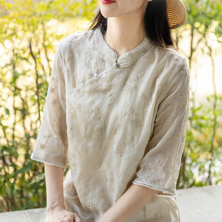 Sukienka midi z ramiączkami Buddha Stones z haftem, skośnym kołnierzem i stójką, z krótkim rękawem i kieszeniami - image 3