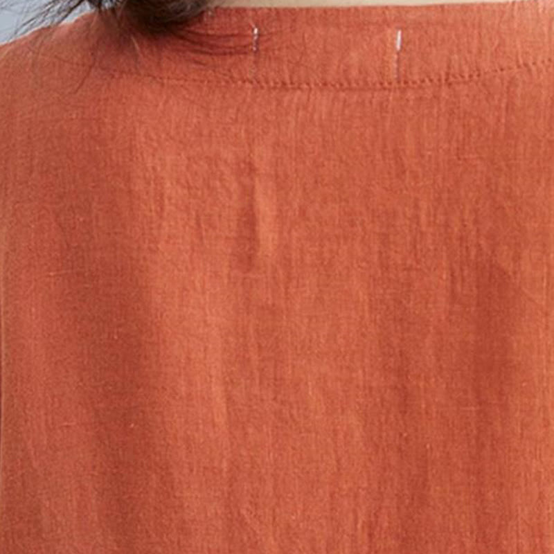 Sukienka midi z Buddha Stones i kieszeniami, z luźną, jednokolorową bawełnianą lnianą wstawką i okrągłym dekoltem - image 19