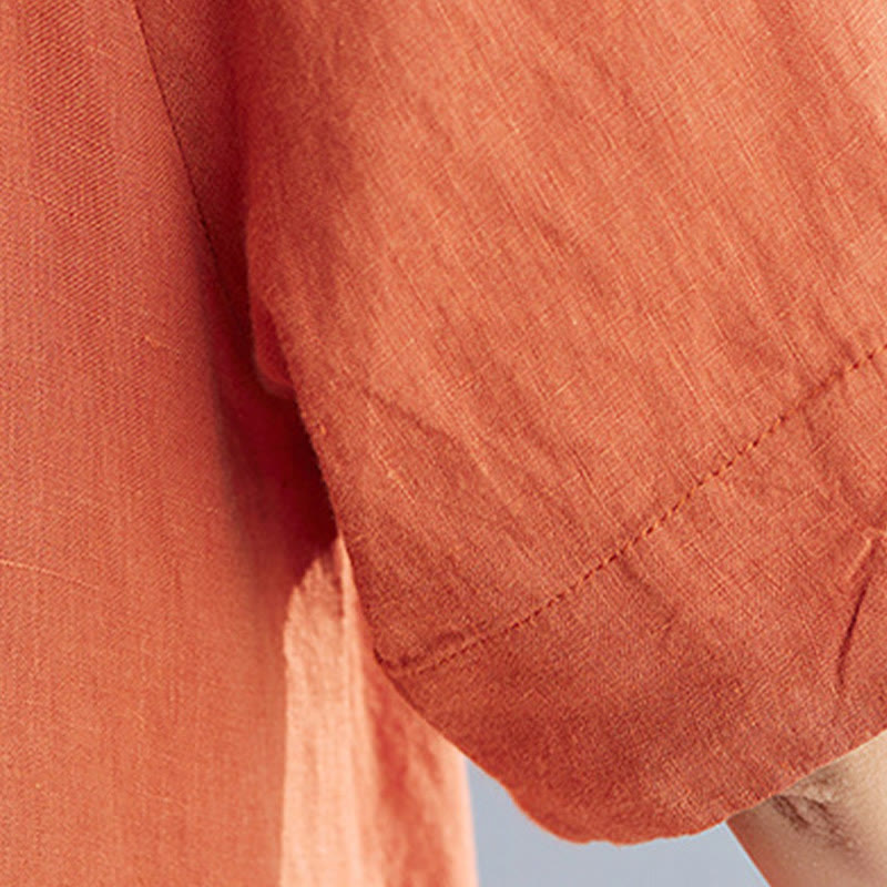 Sukienka midi z Buddha Stones i kieszeniami, z luźną, jednokolorową bawełnianą lnianą wstawką i okrągłym dekoltem - image 21