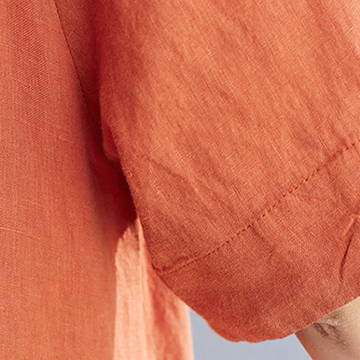 Sukienka midi z Buddha Stones i kieszeniami, z luźną, jednokolorową bawełnianą lnianą wstawką i okrągłym dekoltem - image 21