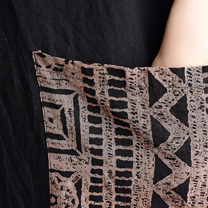 Buddha Stones Luźna, luźna, drukowana, farbowana, bawełniana, lniana, dekolt w serek, półrękaw, projekt, sukienka midi z kieszeniami - image 8