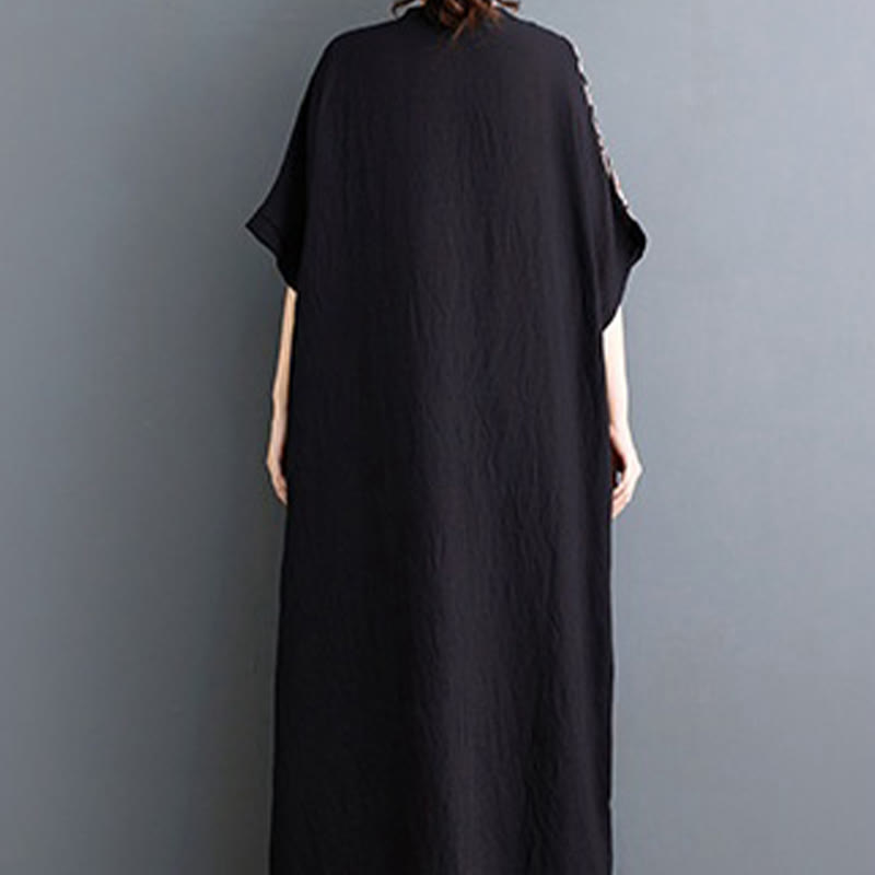 Buddha Stones Luźna, luźna, drukowana, farbowana, bawełniana, lniana, dekolt w serek, półrękaw, projekt, sukienka midi z kieszeniami - image 2