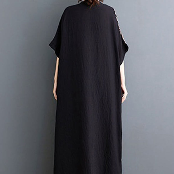 Buddha Stones Luźna, luźna, drukowana, farbowana, bawełniana, lniana, dekolt w serek, półrękaw, projekt, sukienka midi z kieszeniami - image 2