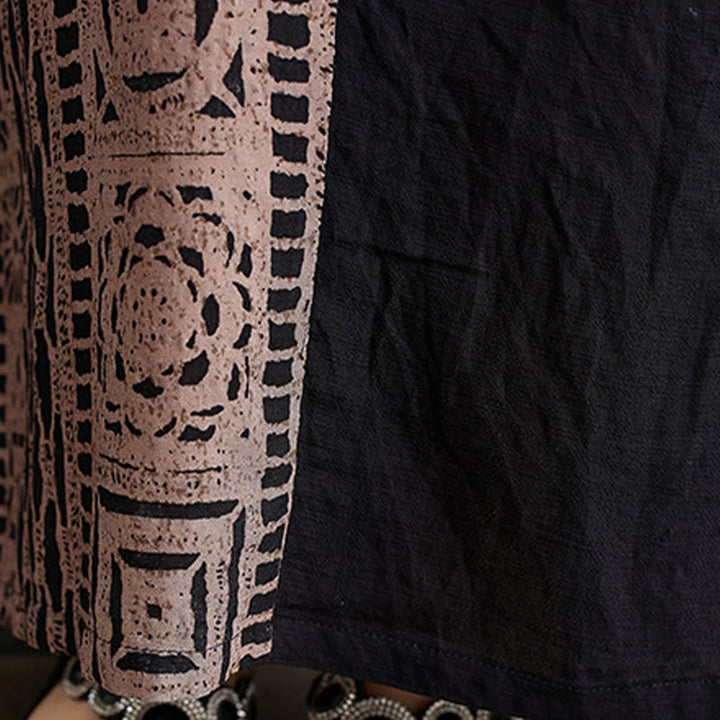 Buddha Stones Luźna, luźna, drukowana, farbowana, bawełniana, lniana, dekolt w serek, półrękaw, projekt, sukienka midi z kieszeniami - image 10