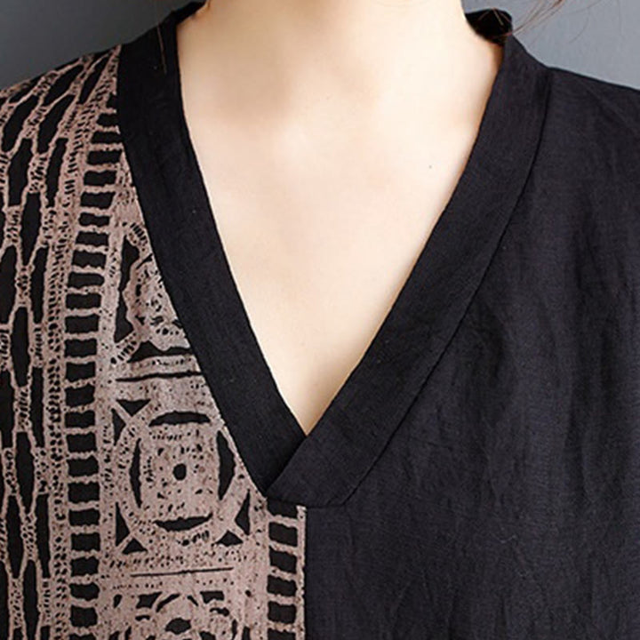 Buddha Stones Luźna, luźna, drukowana, farbowana, bawełniana, lniana, dekolt w serek, półrękaw, projekt, sukienka midi z kieszeniami - image 7