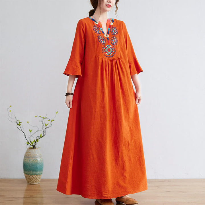 Sukienka midi z haftowanymi kwiatami Buddha Stones, dekoltem w serek, rękawami trzy czwarte, wykonana z bawełny i lnu - Koral - US8-10，UK/AU12-14，EU40-42 (2XL) - image 9