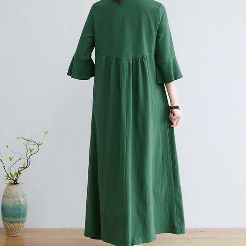 Sukienka midi z haftowanymi kwiatami Buddha Stones, dekoltem w serek, rękawami trzy czwarte, wykonana z bawełny i lnu - image 15