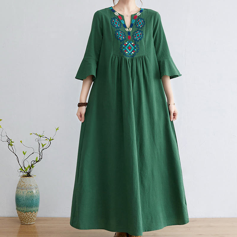 Sukienka midi z haftowanymi kwiatami Buddha Stones, dekoltem w serek, rękawami trzy czwarte, wykonana z bawełny i lnu - Zielony - US8-10，UK/AU12-14，EU40-42 (2XL) - image 14
