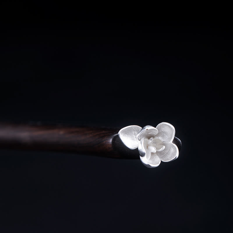 Buddha Stones 925 Srebro Sterling Klasyczna spinka do włosów Ebony Magnolia Flower Blessing