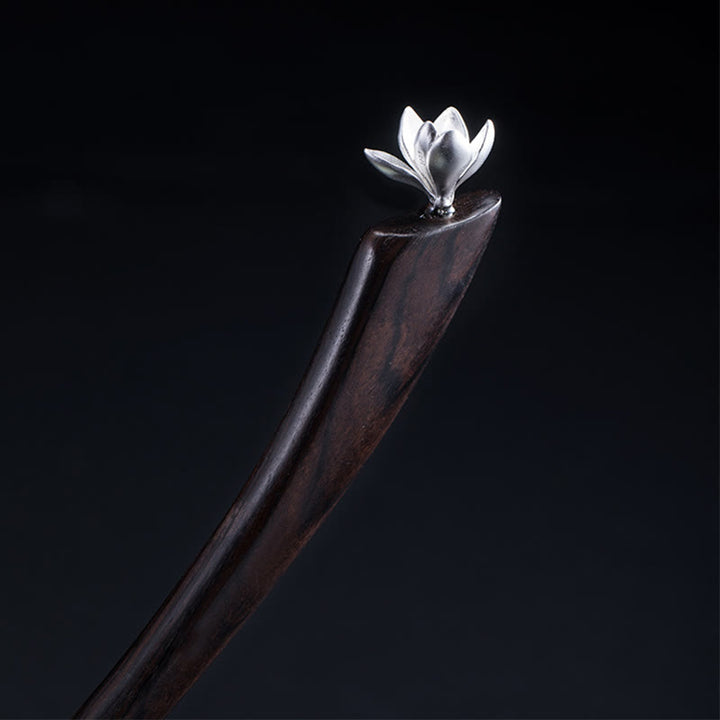 Buddha Stones 925 Srebro Sterling Klasyczna spinka do włosów Ebony Magnolia Flower Blessing