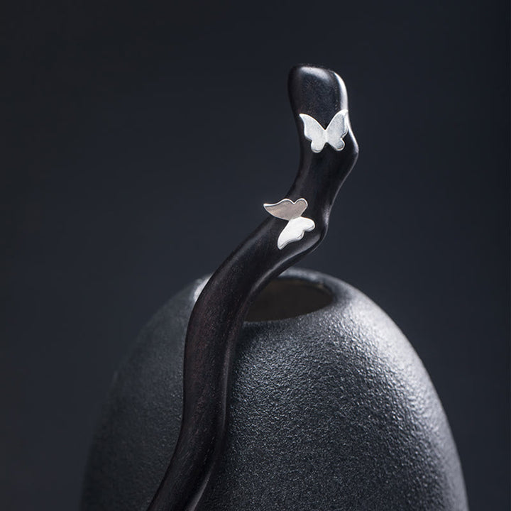 Buddha Stones 925 Srebro Sterling Klasyczny Chiński Styl Ebony Motyl Relaks Spinka Do Włosów - Spinka do włosów z hebanu w kształcie motyla - image 0