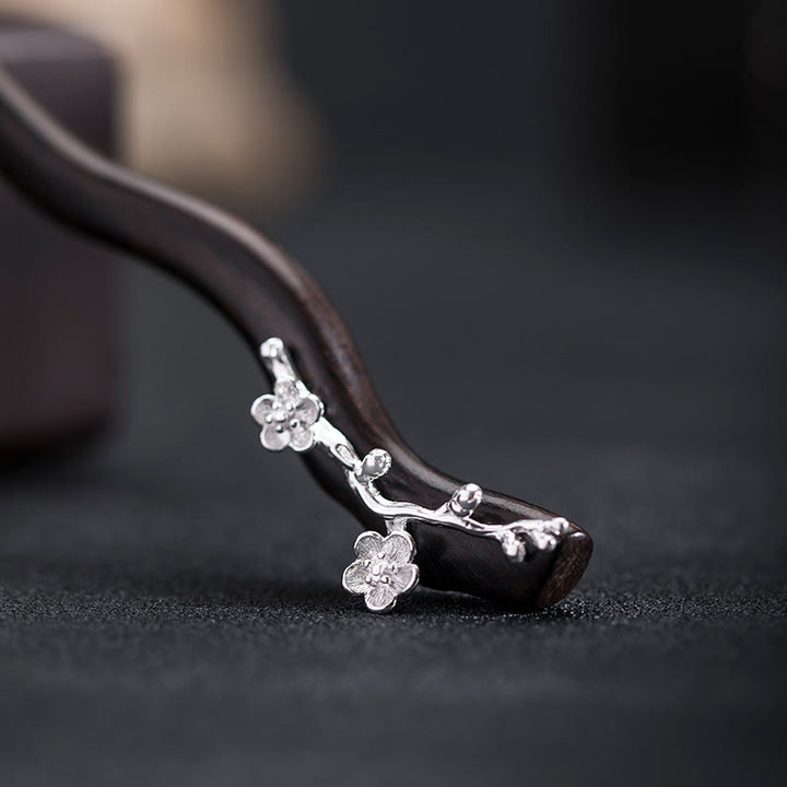 Buddha Stones 925 Srebro Klasyczne Chińskie Styl Ebony Śliwkowy Kwiat Błogosławieństwo Spinka Do Włosów - Spinka do włosów z hebanu w kształcie kwiatu śliwy - image 0