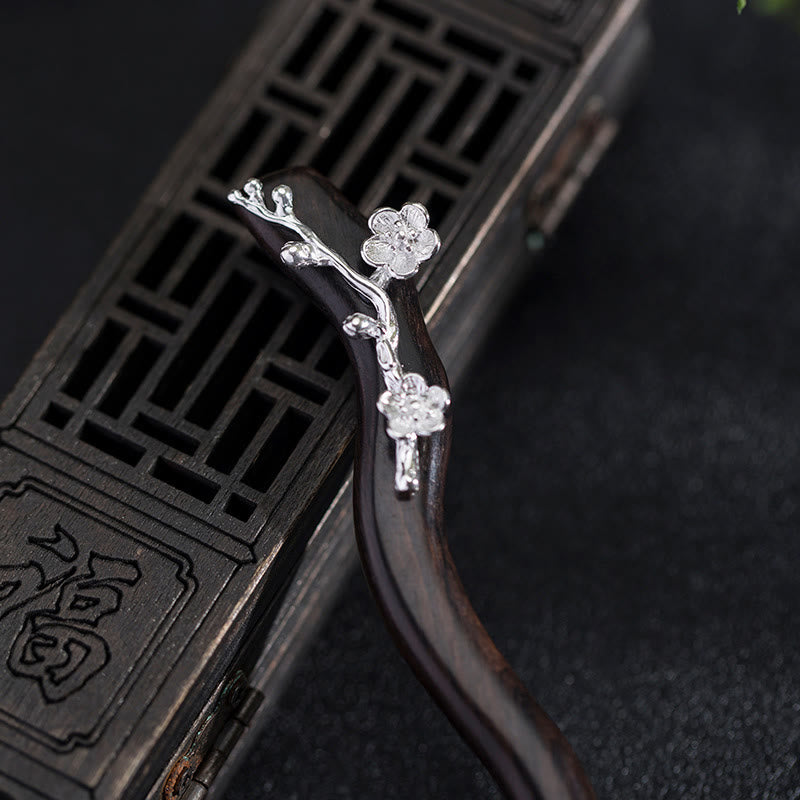 Buddha Stones 925 Srebro Klasyczne Chińskie Styl Ebony Śliwkowy Kwiat Błogosławieństwo Spinka Do Włosów - image 2