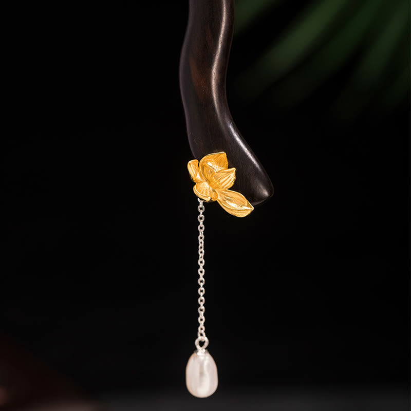 Buddha Stones 925 Srebro Sterling Klasyczny Chiński Styl Hebanowy Kwiat Lotosu Perła Frędzel Błogosławieństwo Spinka Do Włosów - image 7