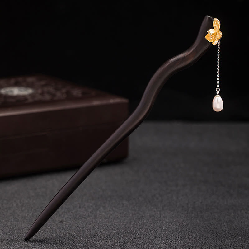 Buddha Stones 925 Srebro Sterling Klasyczny Chiński Styl Hebanowy Kwiat Lotosu Perła Frędzel Błogosławieństwo Spinka Do Włosów - image 2