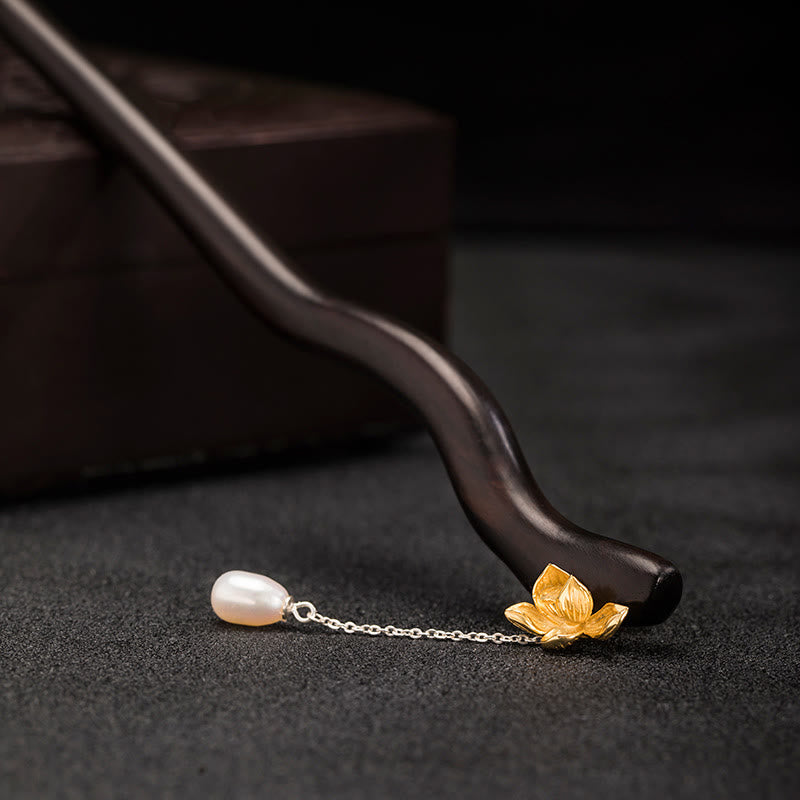 Buddha Stones 925 Srebro Sterling Klasyczny Chiński Styl Hebanowy Kwiat Lotosu Perła Frędzel Błogosławieństwo Spinka Do Włosów - image 9