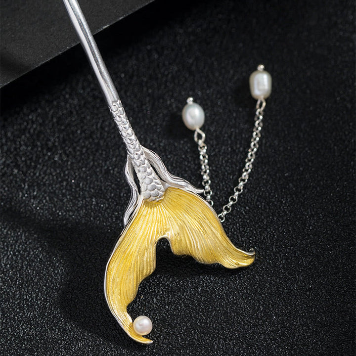 Buddha Stones 925 Srebro Sterling Klasyczny Chiński Styl Rybi Ogon Perła Chwost Spokojna Spinka Do Włosów - image 3