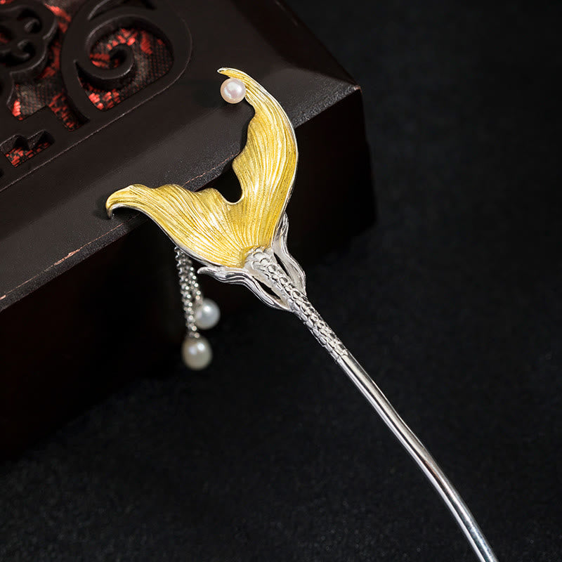 Buddha Stones 925 Srebro Sterling Klasyczny Chiński Styl Rybi Ogon Perła Chwost Spokojna Spinka Do Włosów - image 7