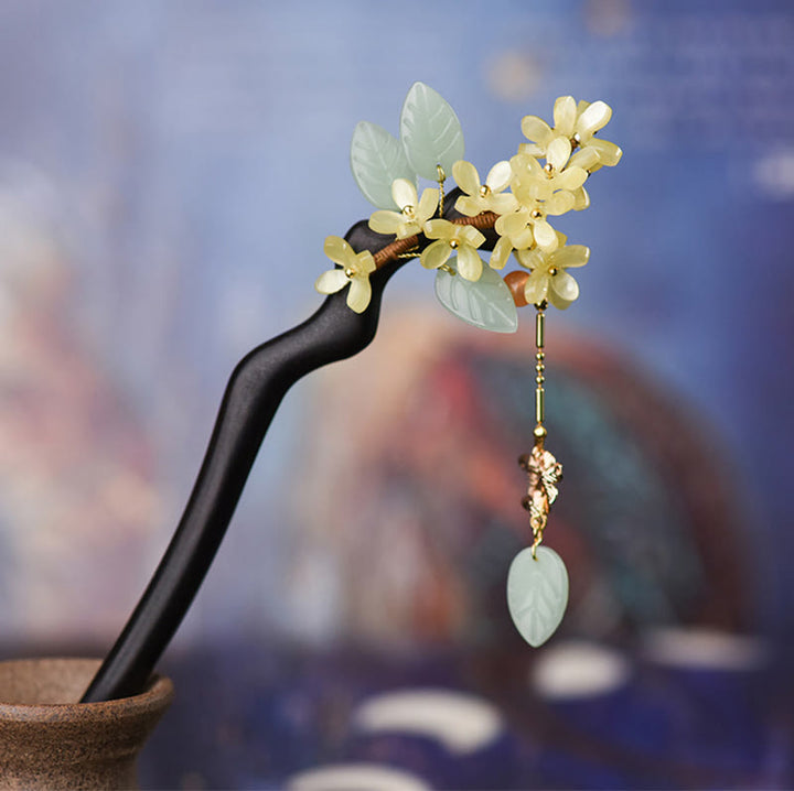 Buddha Stones Naturalne Drewno Hebanowe Osmantus Tassel Balance Spinka Do Włosów