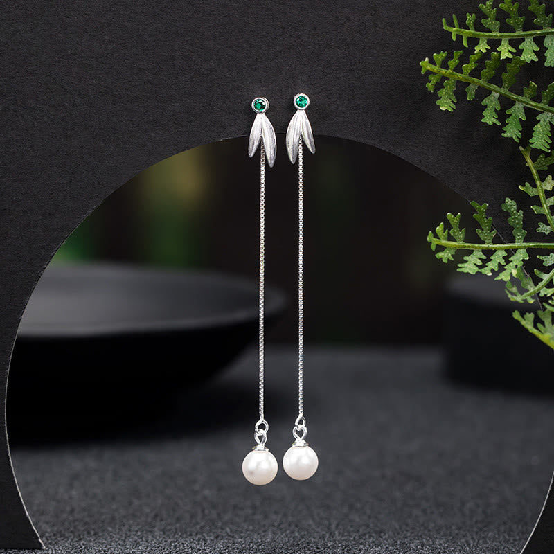 Buddha Stones 925 Srebro Sterling Cyrkon Perła Bambus Liście Ochrona Drop - Kolczyki z liści bambusa - image 0