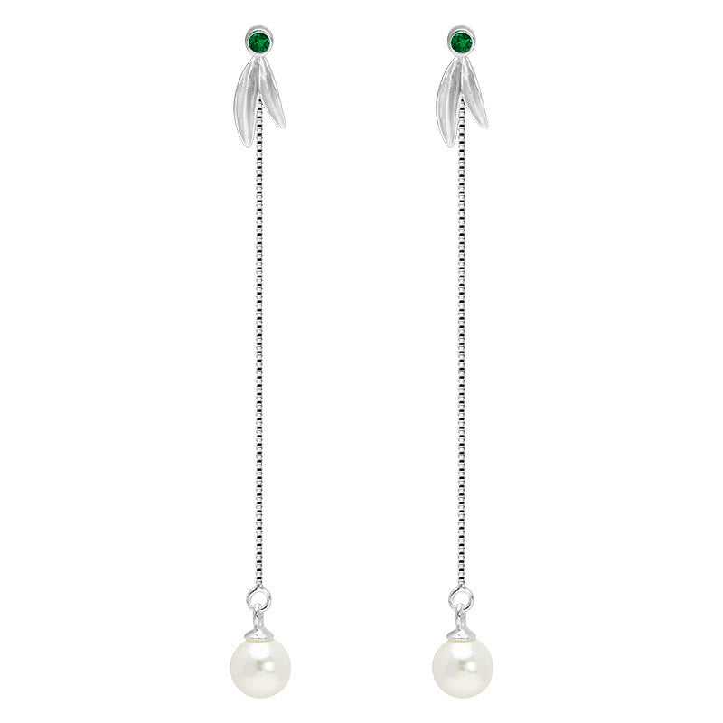 Buddha Stones 925 Srebro Sterling Cyrkon Perła Bambus Liście Ochrona Drop