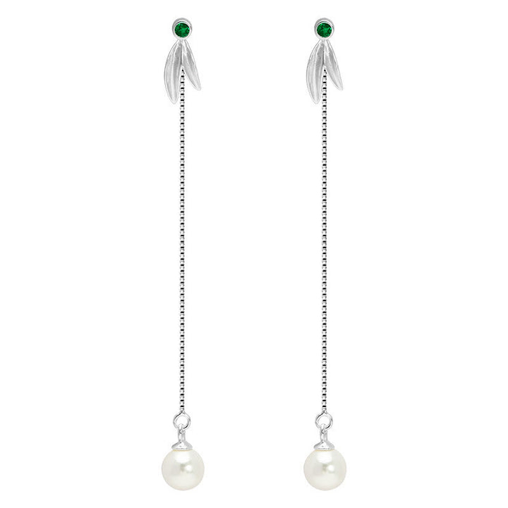 Buddha Stones 925 Srebro Sterling Cyrkon Perła Bambus Liście Ochrona Drop