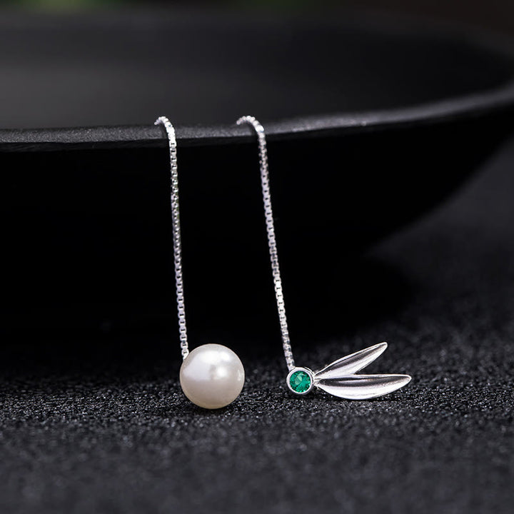 Buddha Stones 925 Srebro Sterling Cyrkon Perła Bambus Liście Ochrona Drop - image 5