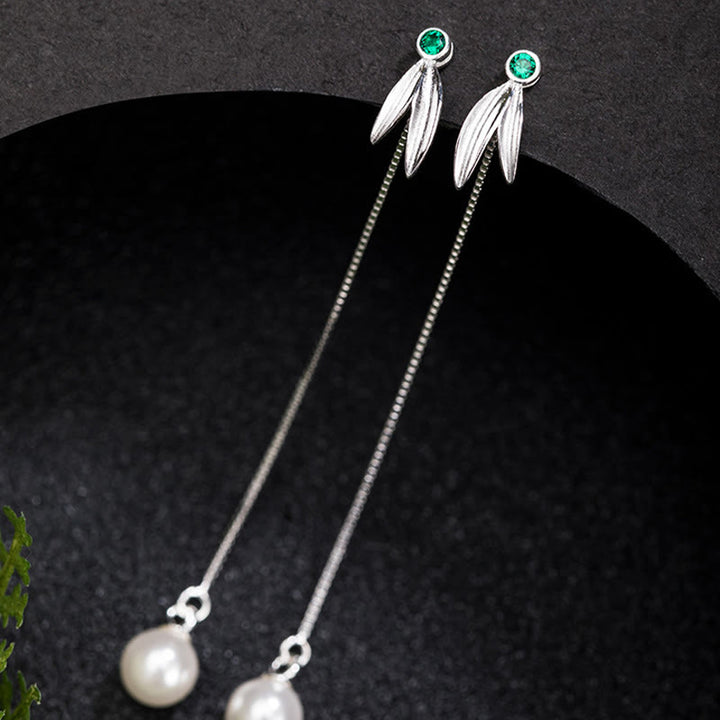 Buddha Stones 925 Srebro Sterling Cyrkon Perła Bambus Liście Ochrona Drop