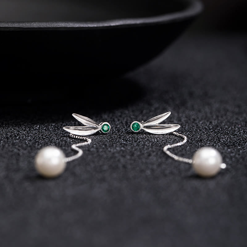 Buddha Stones 925 Srebro Sterling Cyrkon Perła Bambus Liście Ochrona Drop - image 6